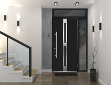 Load image into Gallery viewer, Front Exterior Prehung Steel Door | Top &amp; Left Side Black Glass | Deux 1755 | Black Enamel