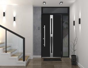 Front Exterior Prehung Steel Door | Top & Left Side Black Glass | Deux 1755 | Black Enamel