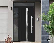 Load image into Gallery viewer, Front Exterior Prehung Steel Door | Top &amp; Left Side Black Glass | Deux 1755 | Black Enamel