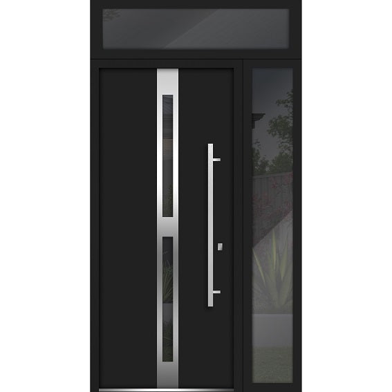 Front Exterior Prehung Steel Door | Top & Right Side Black Glass | Deux 1755 | Enamel - 36 + 12’’ x 80 + 16’’