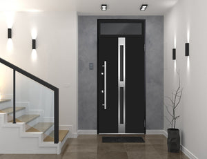 Front Exterior Prehung Steel Door | Top Side Black Glass | Deux 1755 | Black Enamel