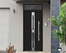 Load image into Gallery viewer, Front Exterior Prehung Steel Door | Top Side Black Glass | Deux 1755 | Black Enamel