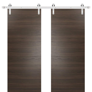 Sturdy Double Barn Door with Hardware | Planum 0010 | Chocolate Ash - 6 ft Railing) Silver Rail / 36’’ x 80’’ (2* 18x80)