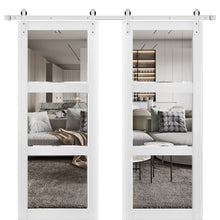 Load image into Gallery viewer, Sturdy Double Barn Door | Clear Glass | Lucia 2555 | White Silk - 6 ft Railing) Silver Rail / 36’’ x 80’’ (2*