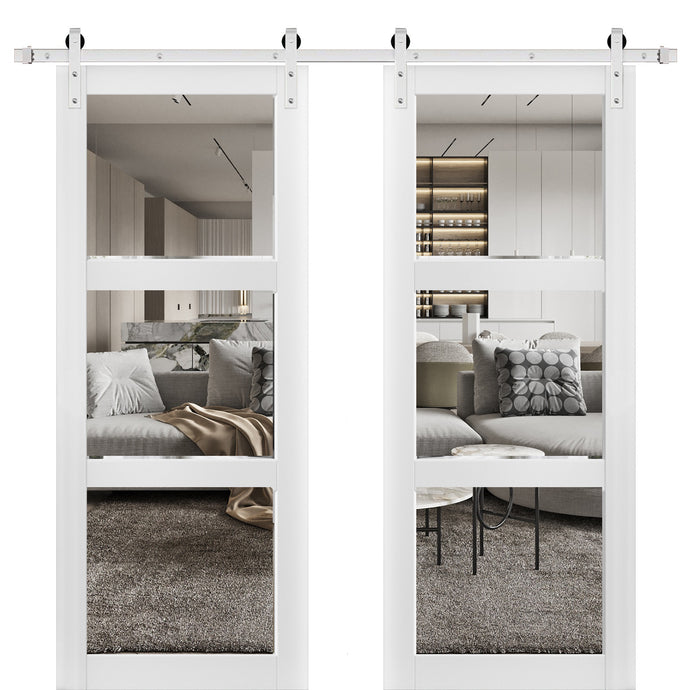 Sturdy Double Barn Door | Clear Glass | Lucia 2555 | White Silk - 6 ft Railing) Silver Rail / 36’’ x 80’’ (2*