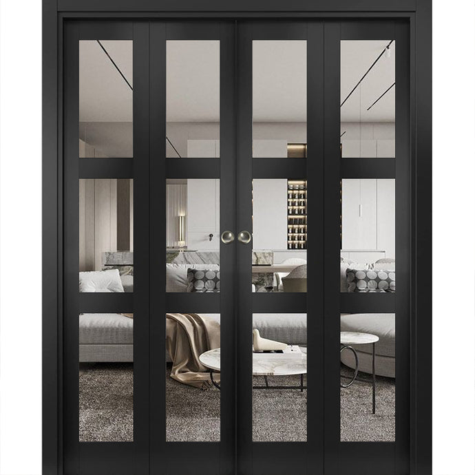 Sliding Closet Double Bi-fold Doors | Lucia 2555 | Matte Black with Clear Glass - 72’’ x 80’’ (4* 18x80) - Home