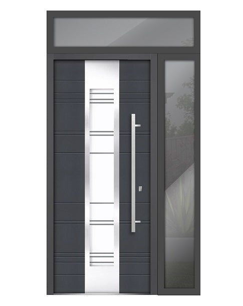 Front Exterior Prehung Steel Door | Top & Right Side Black Glass | Deux 5755 | Gray Graphite - 36 + 12’’ x 80