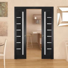 Load image into Gallery viewer, Sliding French Double Pocket Doors Frosted Glass | Quadro 4088 | Matte Black
