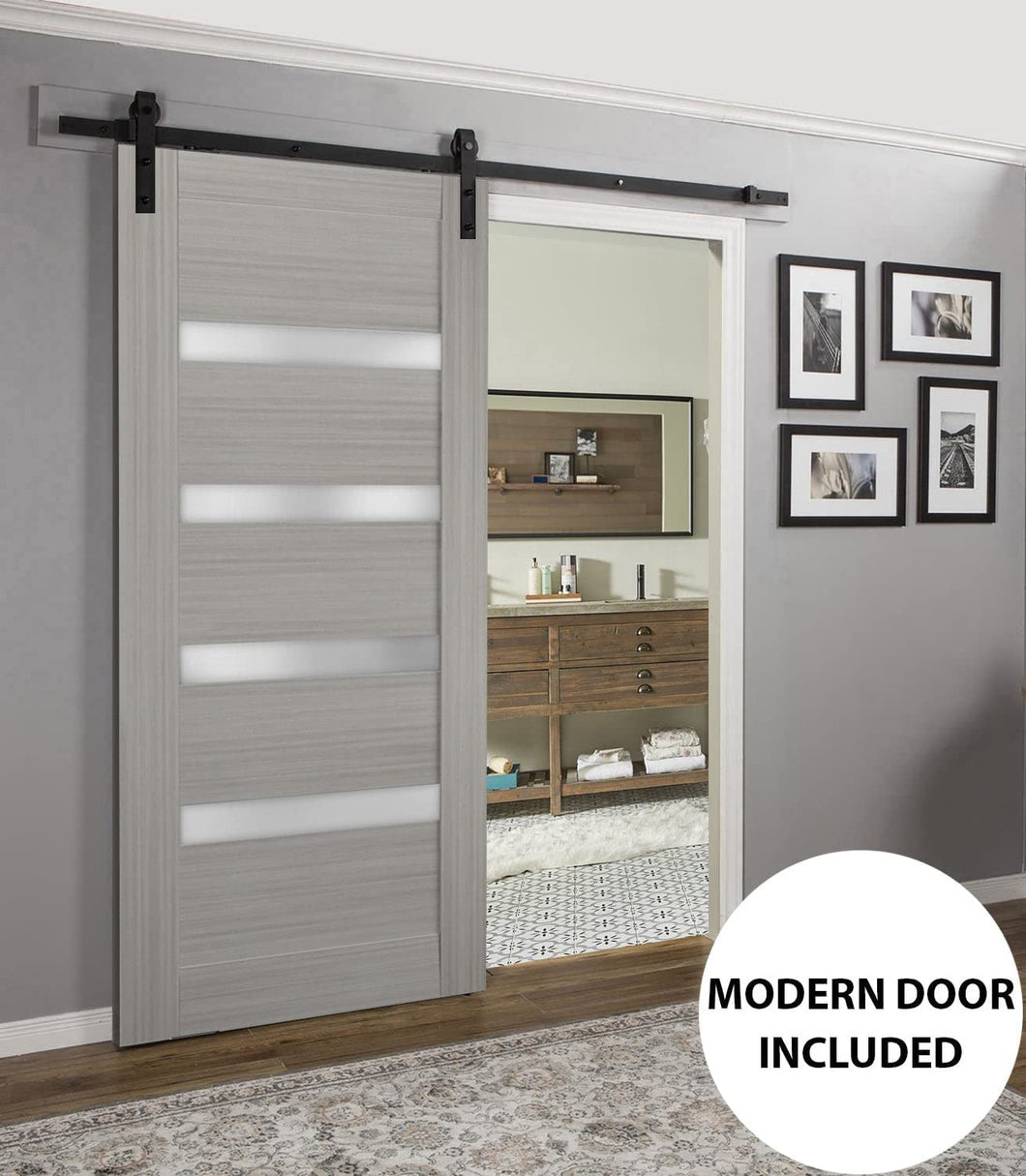 Sliding Barn Door Frosted Opaque Glass | Quadro 4113 | Grey Ash