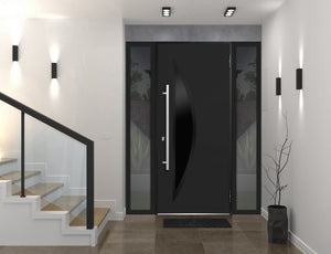 Front Exterior Prehung Steel Door | Right & Left Side Black Glass | Deux 6501 | Black