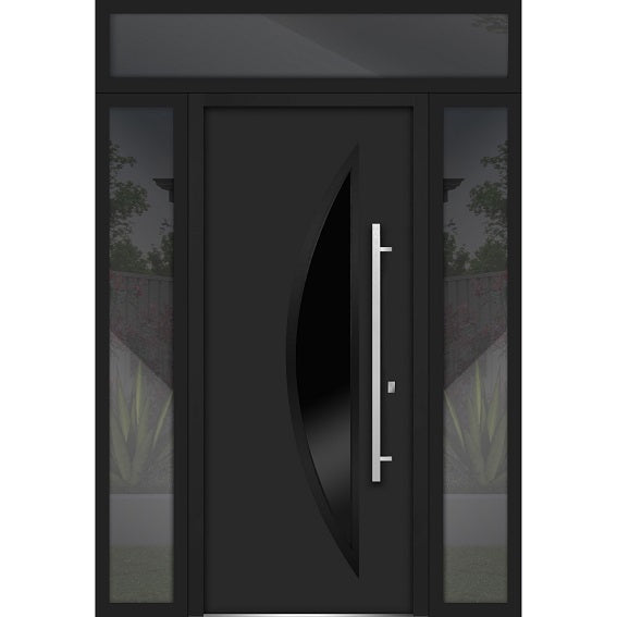 Front Exterior Prehung Steel Door | Top Right & Left Side Black Glass | Deux 6501 | 12 + 36 + 12’’ x 80 + 16’’