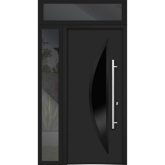 Front Exterior Prehung Steel Door | Top & Left Side Black Glass | Deux 6501 | Black