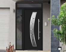 Load image into Gallery viewer, Front Exterior Prehung Steel Door | Top &amp; Left Side Black Glass | Deux 6500 | Black