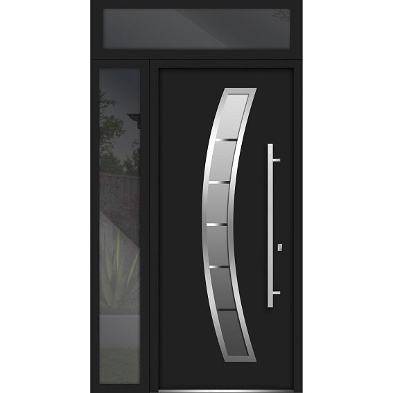 Front Exterior Prehung Steel Door | Top & Left Side Black Glass | Deux 6500 | Black