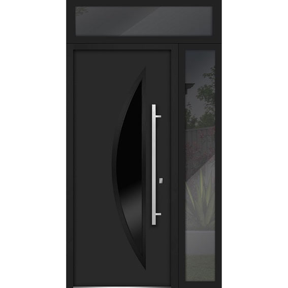 Front Exterior Prehung Steel Door | Top & Right Side Black Glass | Deux 6501 | 36 + 12’’ x 80 + 16’’ Right-Hand