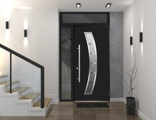 Load image into Gallery viewer, Front Exterior Prehung Steel Door | Top &amp; Right Side Black Glass | Deux 6500 | Black