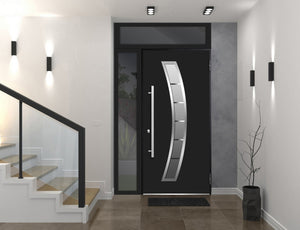 Front Exterior Prehung Steel Door | Top & Right Side Black Glass | Deux 6500 | Black