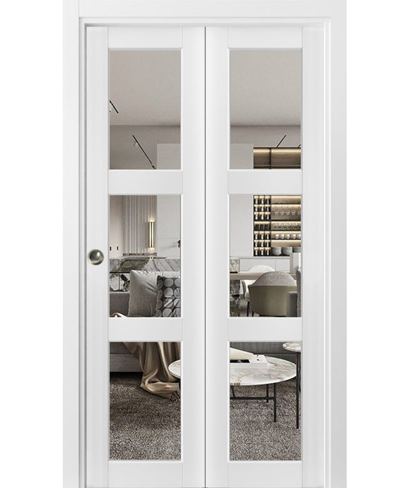 Sliding Closet Bi-fold Doors | Lucia 2555 | White Silk with Clear Glass - 36’’ x 80’’ (2* 18x80) - Home