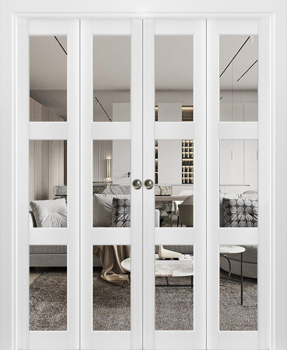 Sliding Closet Double Bi-fold Doors | Lucia 2555 | White Silk with Clear Glass - 72’’ x 80’’ (4* 18x80) - Home