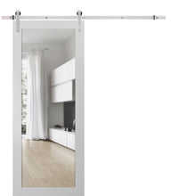 Load image into Gallery viewer, Sturdy Barn Door Clear Tempered Glass | Lucia 2166 | White Silk - 6 ft Railing) Silver Rail / 18’’ x 80’’ - Home Doors