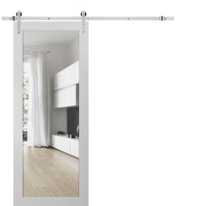 Sturdy Barn Door Clear Tempered Glass | Lucia 2166 | White Silk - 6 ft Railing) Silver Rail / 18’’ x 80’’ - Home Doors