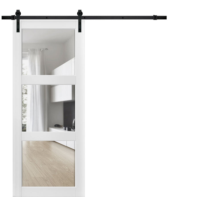 Sliding Barn Door with Hardware Clear Glass | Lucia 2555 | White Silk - 6 ft Railing) Black Rail / 18’’ x 80’’