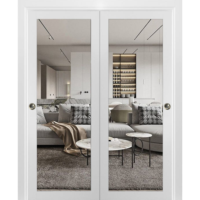 Sliding Closet Bypass Doors with Hardware | Planum 2102 | White Silk - Clear Glass) 36’’ x 80’’ (2* 18x80) - Home