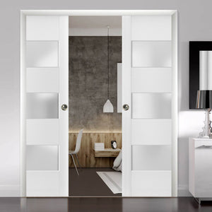Sliding French Double Pocket Doors Frosted Glass | Lucia 4070 | White Silk