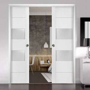 Sliding French Double Pocket Doors Frosted Glass | Lucia 4010 | White Silk