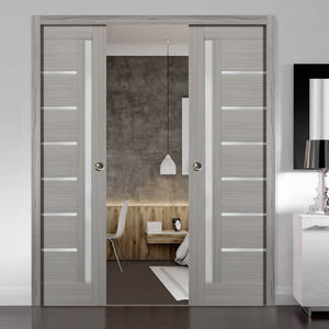 Sliding French Double Pocket Doors Frosted Glass | Quadro 4088 | Grey Ash