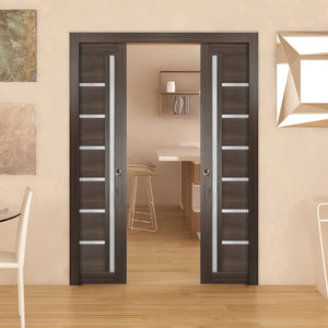 Sliding French Double Pocket Doors Frosted Glass | Quadro 4088 | Chocolate Ash