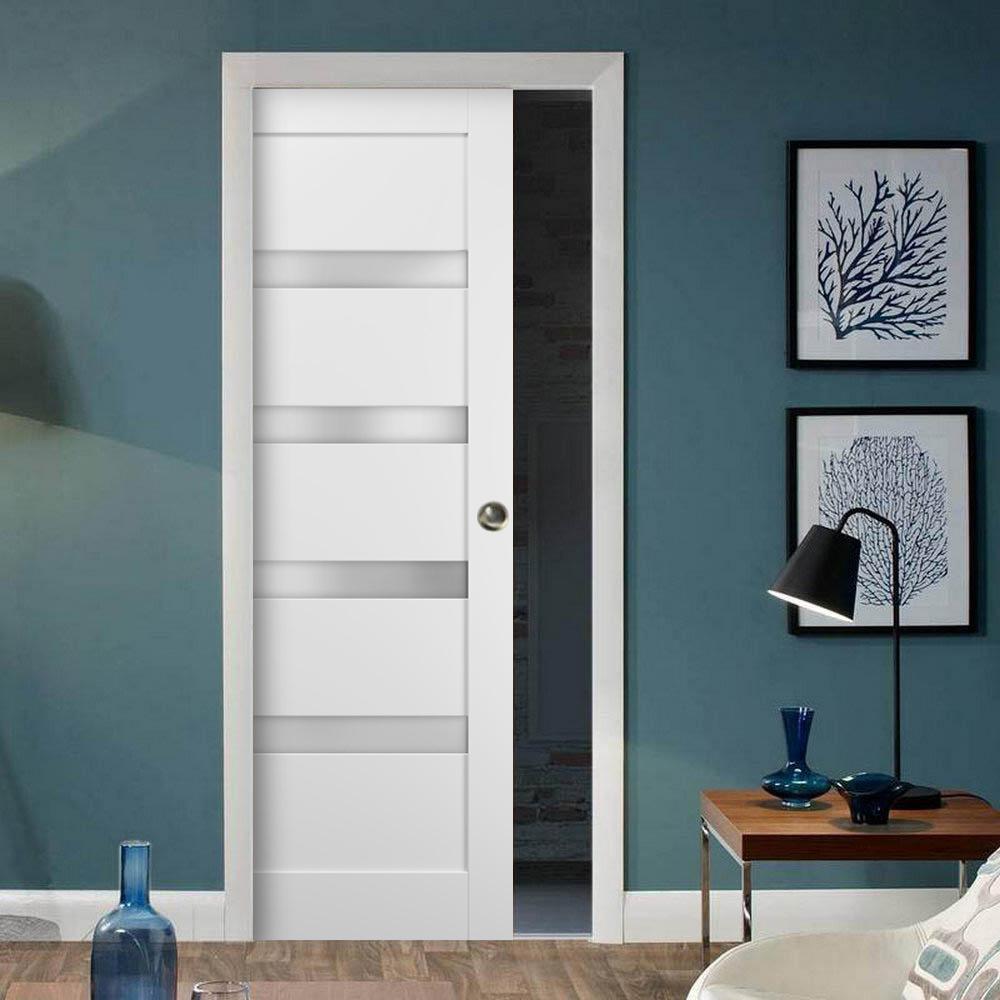 Panel Lite Pocket Door | Quadro 4113 | White Silk with Frosted Glass - 18’’ x 80’’ - Doors