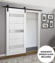 Load image into Gallery viewer, Sliding Barn Door Frosted Opaque Glass | Quadro 4055 | White Silk - 6 ft Railing) Black Rail / 18’’ x 80’’ - Home Doors