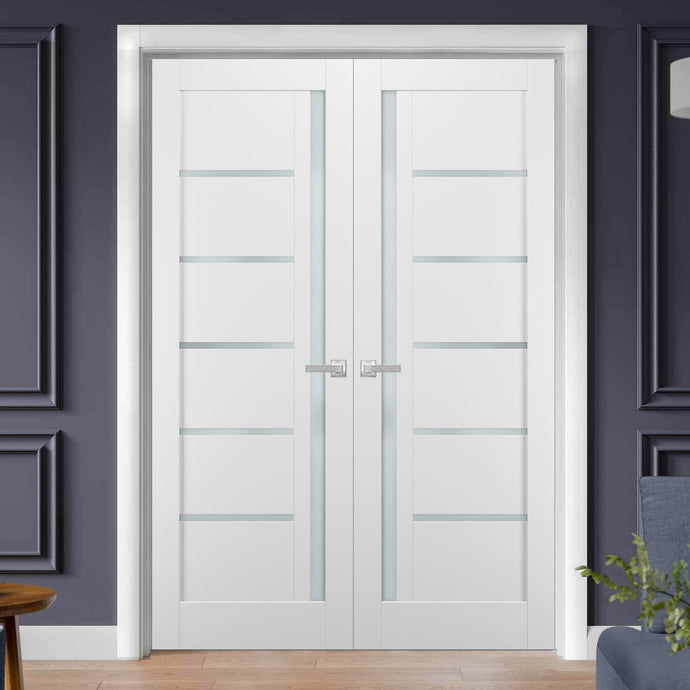 French Double Panel Lite Doors | Quadro 4088 | White Silk - Butterfly Hinges) Frosted Glass / 36’’ x 80’’ (2*