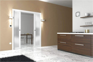 Sliding Double Pocket Door Frosted Tempered Glass| Planum 2102 | White Silk - Home Doors