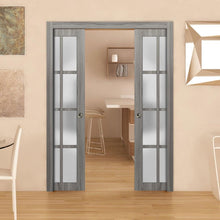 Load image into Gallery viewer, Sliding French Double Pocket Doors Frosted Glass 12 Lites | Felicia 3312 | Ginger Ash Grey
