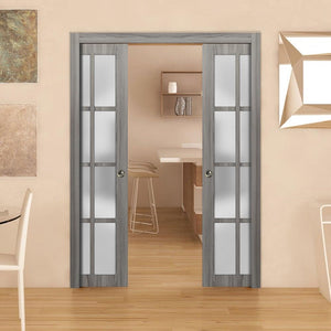 Sliding French Double Pocket Doors Frosted Glass 12 Lites | Felicia 3312 | Ginger Ash Grey