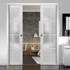 Sliding French Double Pocket Doors Frosted Glass 12 Lites | Felicia 3312 | White Matte
