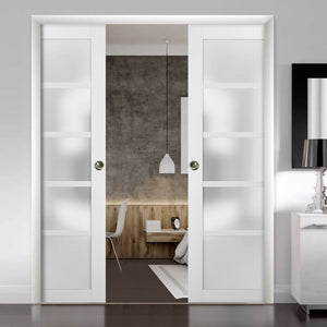 French Double Pocket Doors Frosted Glass | Quadro 4002 | White Silk