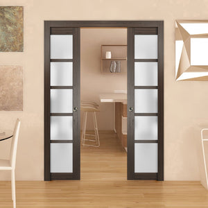 Sliding French Double Pocket Doors Frosted Glass | Quadro 4002 | Chocolate Ash