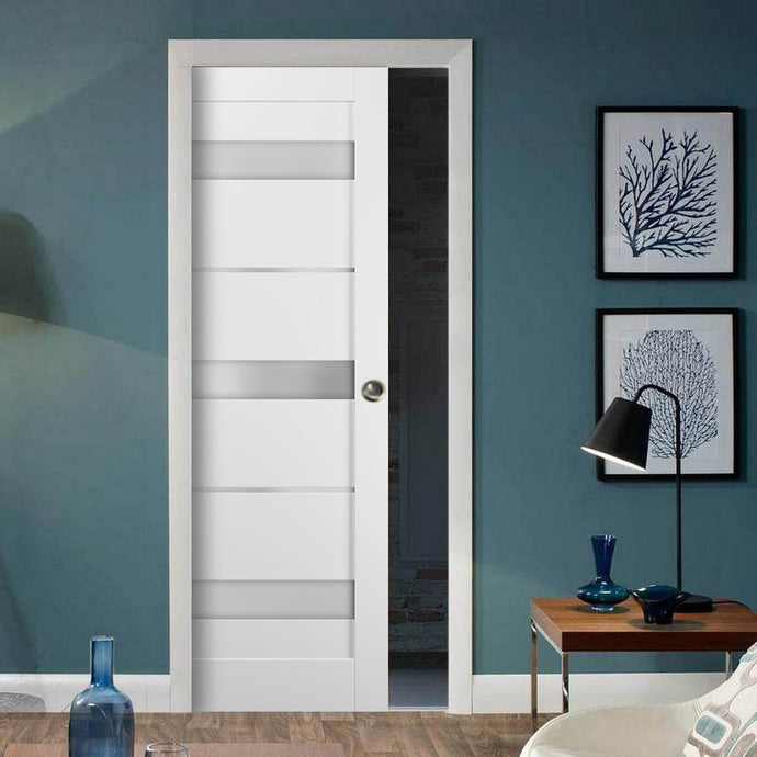 Panel Lite Pocket Door | Quadro 4055 | White Silk with Frosted Glass - 18’’ x 80’’ - Doors