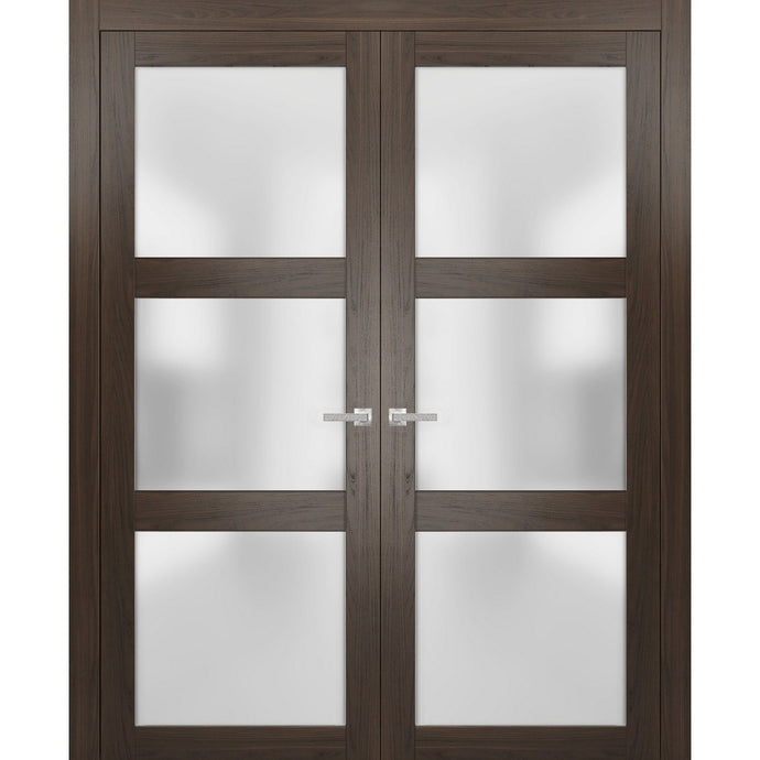 Solid French Double Doors Frosted Glass | Lucia 2552 | Chocolate Ash - Butterfly Hinges) / 36’’ x 80’’ (2* 18x80)