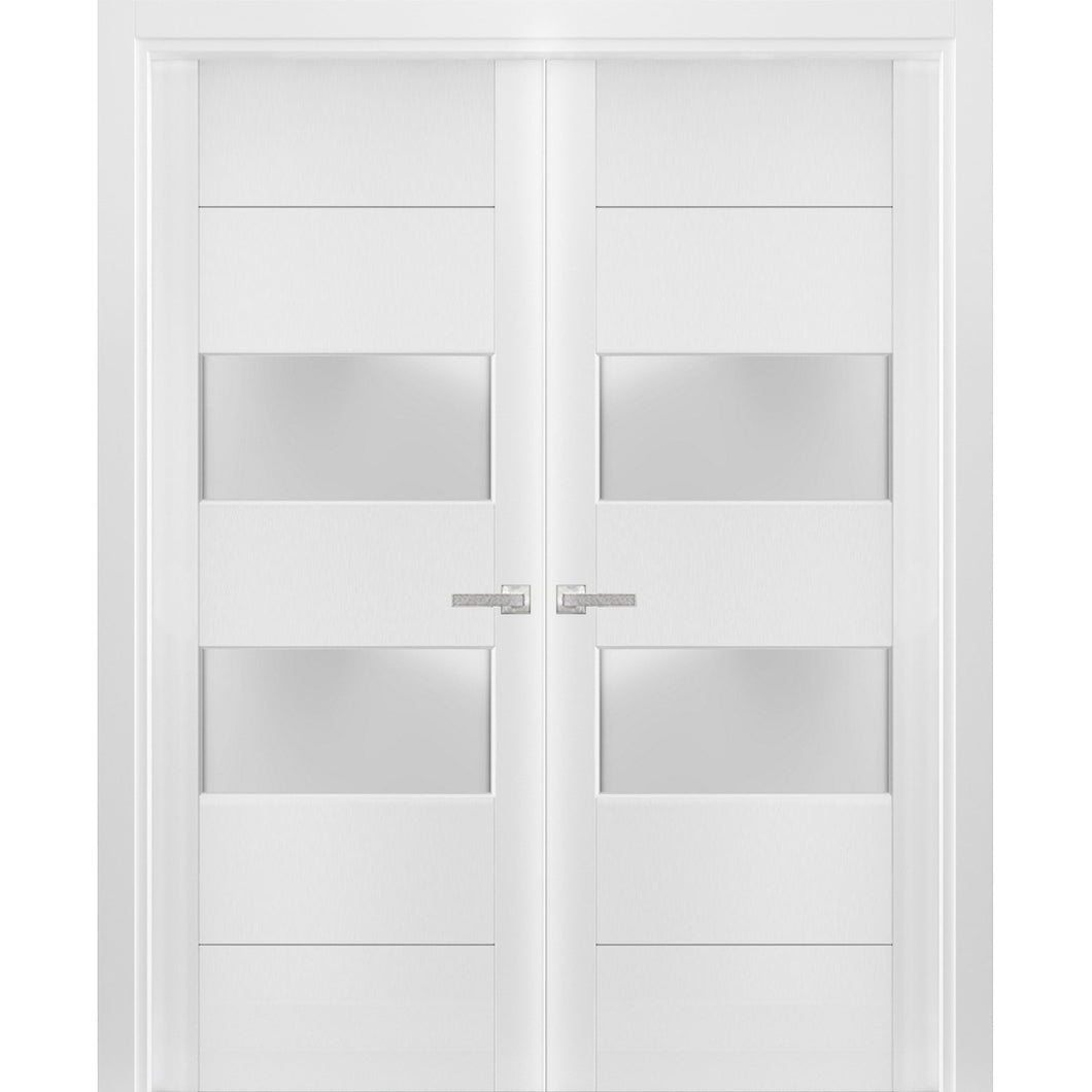 Solid French Double Doors Frosted Glass Lucia 4010 | White Silk - Butterfly Hinges) 36’’ x 80’’ (2* 18x80) - Home