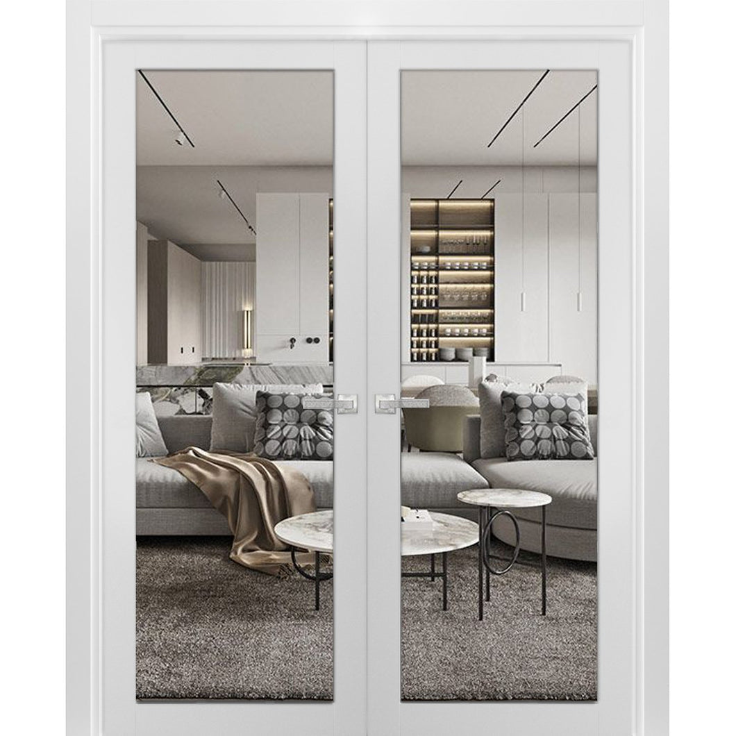 Solid French Double Doors Clear Glass | Lucia 2166 | White Silk - Butterfly Hinges / 36’’ x 80’’ (2* 18x80) - Home