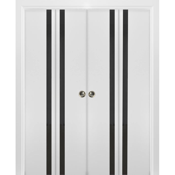 Sliding Closet Double Bi-fold Doors | Planum 0440 | White Silk with Black Glass - 72’’ x 80’’ (4* 18x80) - Home