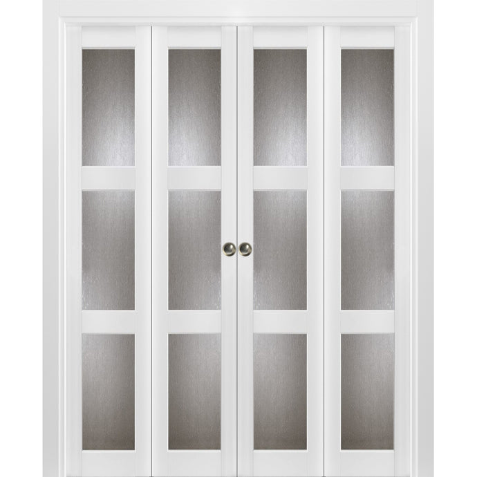 Sliding Closet Double Bi-fold Doors | Lucia 2588 | White Silk with Rain Glass - 72’’ x 80’’ (4* 18x80) - Home