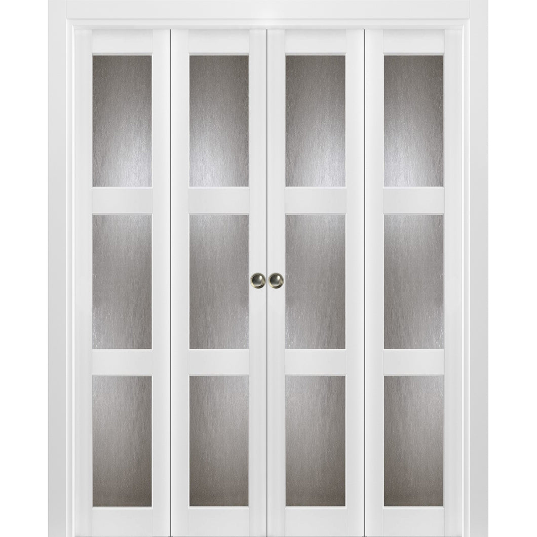 Sliding Closet Double Bi-fold Doors | Lucia 2588 | White Silk with Rain Glass