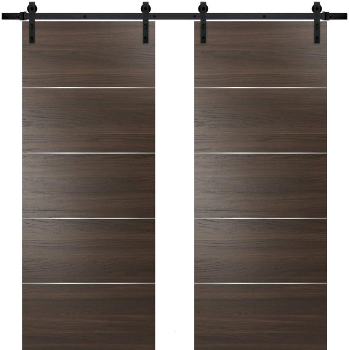 Sliding Double Barn Doors with Hardware | Planum 0020 | Chocolate Ash - 6 ft Railing) Black Rail / 36’’ x 80’’