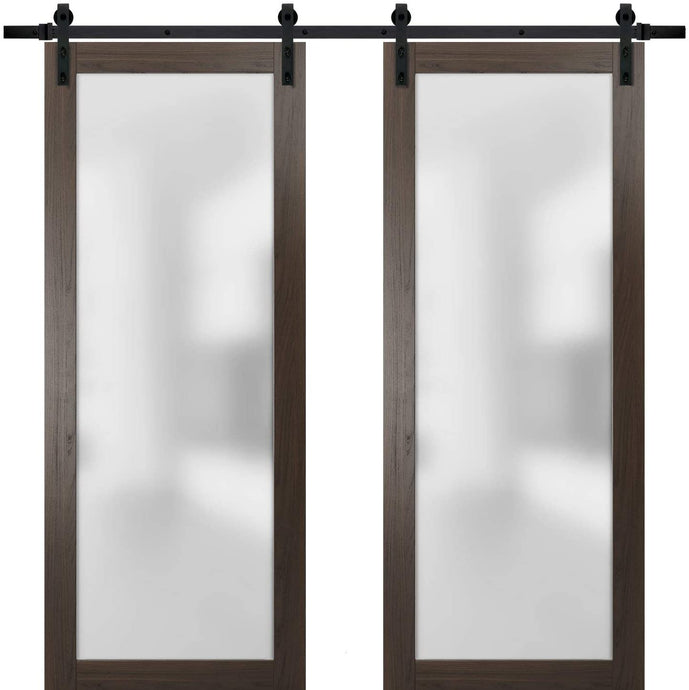 Sturdy Double Barn Door | Frosted Glass | Planum 2102 | Chocolate Ash - 6 ft Railing) Black Rail / 36’’ x 80’’