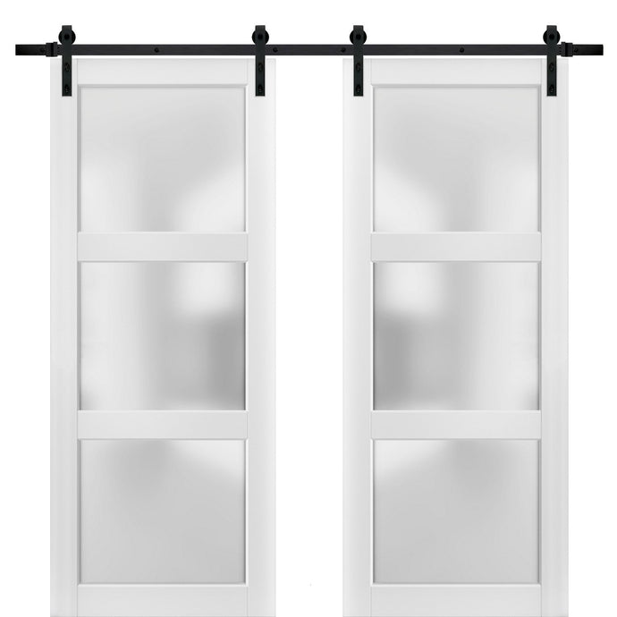 Sliding Double Barn Doors Opaque Glass | Lucia 2552 | White Silk - 6 ft Railing) Black Rail / 36’’ x 80’’ (2* 18x80)